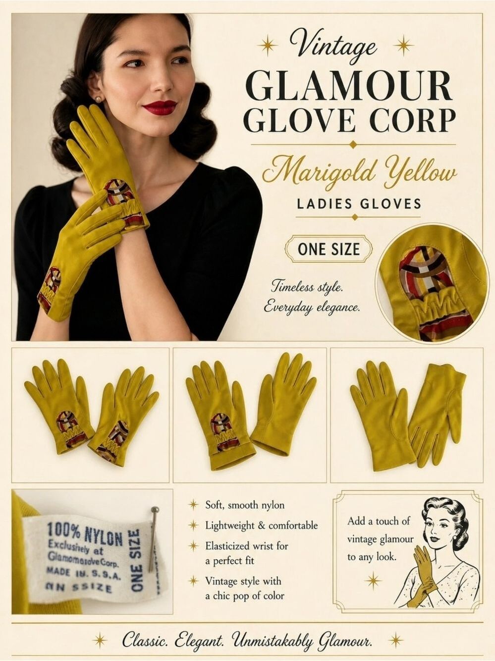 Vintage Glamour Glove Corp Marigold Yellow Nylon Gloves OS